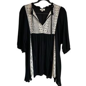 Umgee Tunic Top Sz M Flowy Black Cream Lace Tassel Tie Whimsigoth Fairygrunge